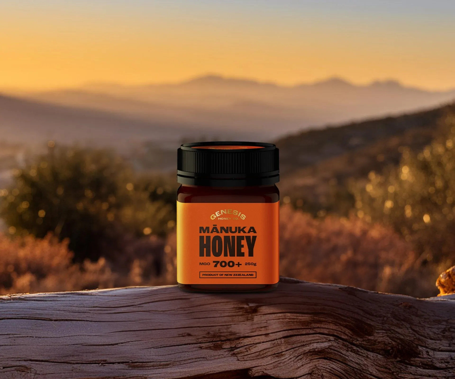 Genesis Honey Co Mānuka honey MGO 700+ jar in the New Zealand landscape at golden hour
